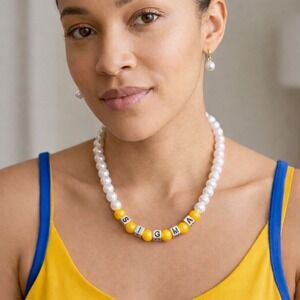 Sigma Gamma Rho Necklace White‎ & Gold Pearls and Silver Blocks